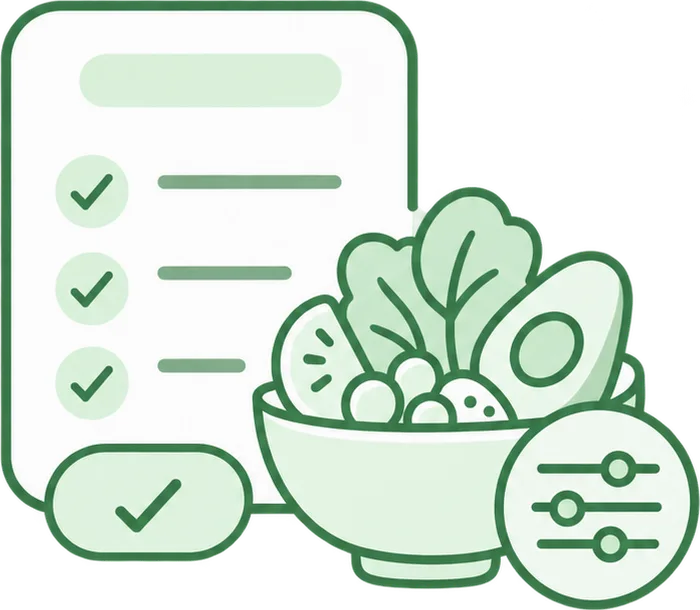 Personalized meal plan checklist with fresh food and nutrition controls